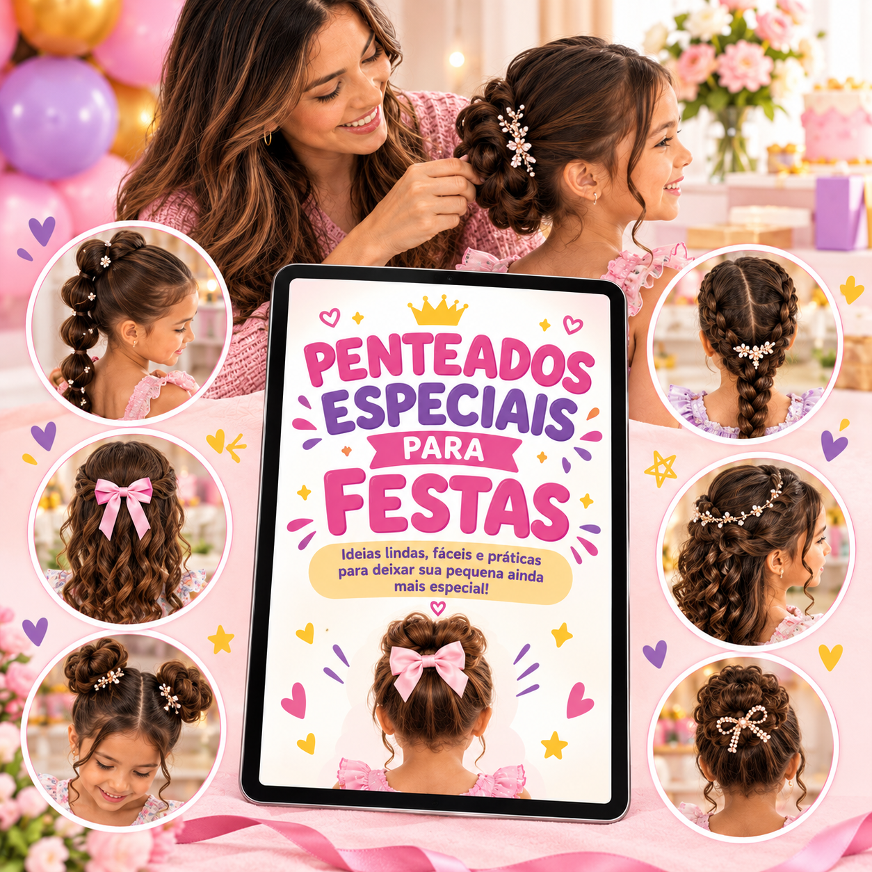 Menina com penteado especial para festa e delicadas flores no cabelo